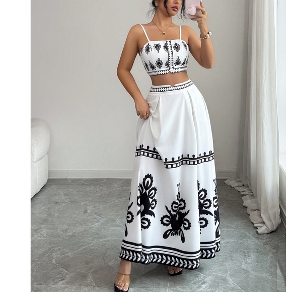 Dresses & Skirts - Boho Allover Print Smocked Cropped Cami top Maxi Skirt Set